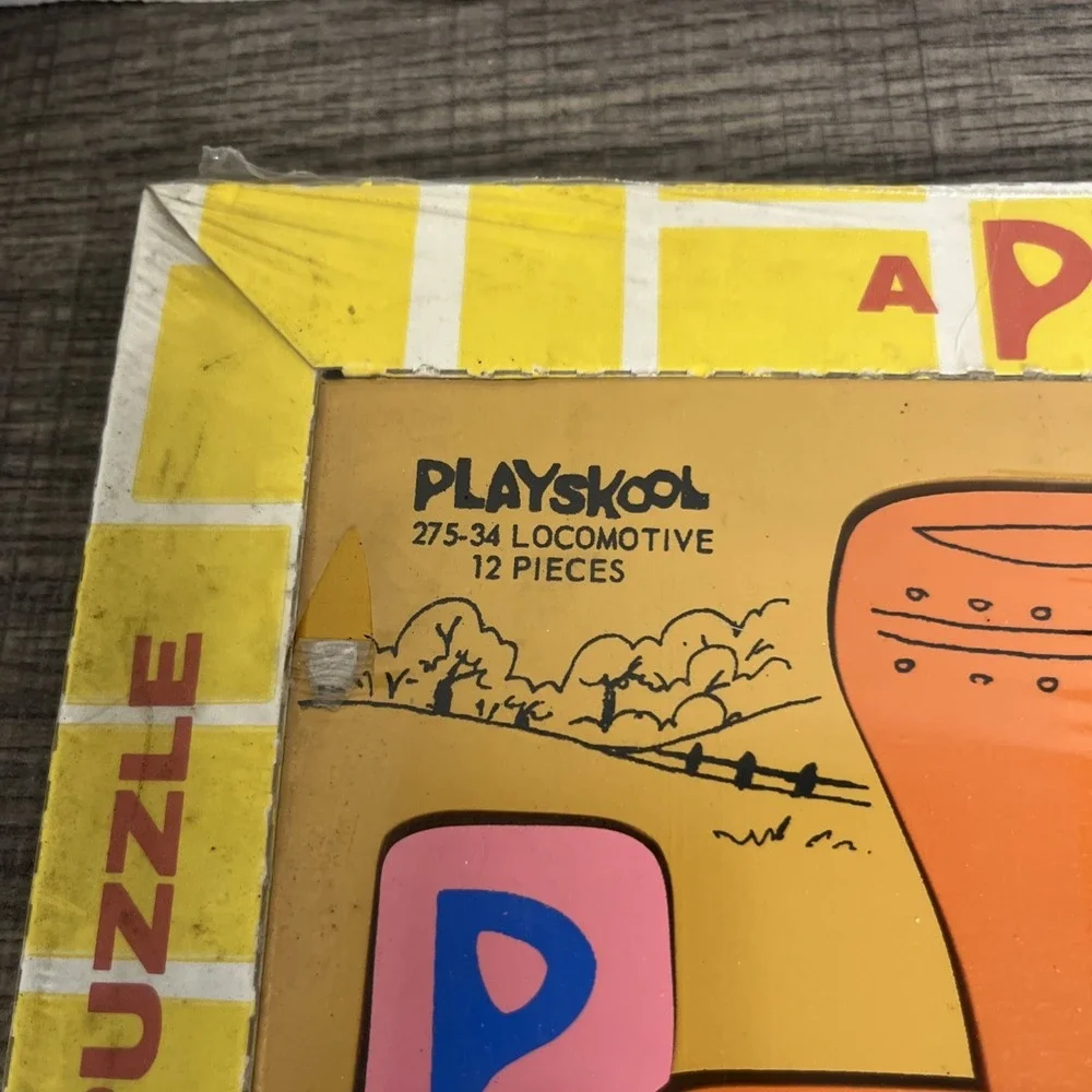 Vintage Playskool #275-34 Locomotive Wood Tray 12 Piece Board Puzzle Inlays New